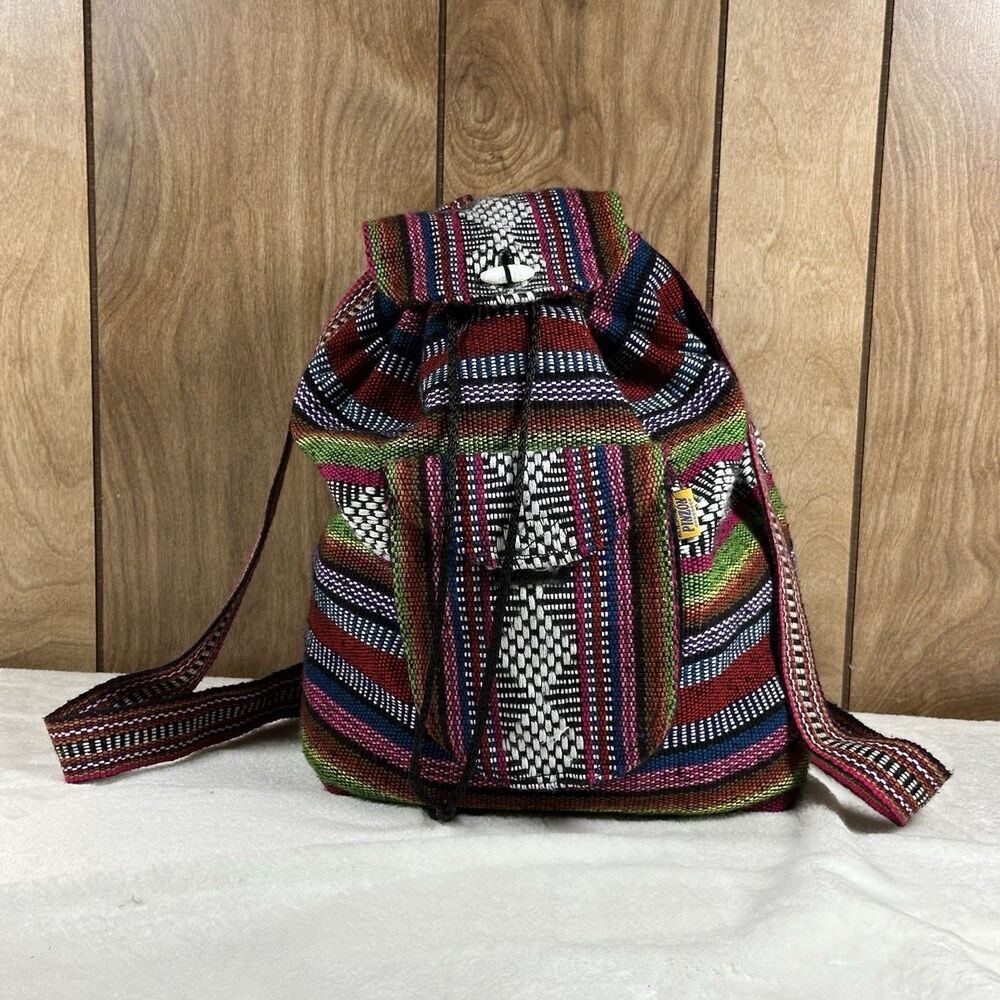 Pinzon Woven Backpack Multicolor Mexican Boho Hippie Drawstring Handmade